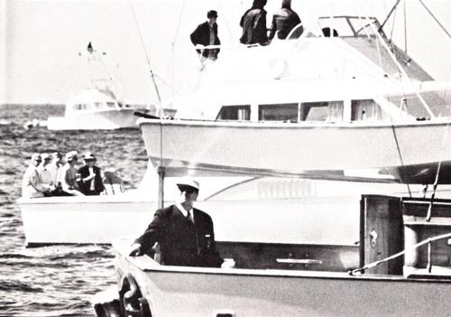 Sir Frank Packer watches from the Australian tender, Pearl Necklace - 1970 America’s Cup - Intrepid vs Gretel II © SW